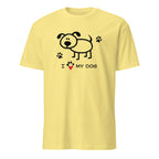 Yellow t-shirt with a dog graphic and 'I love my dog' text on a white background