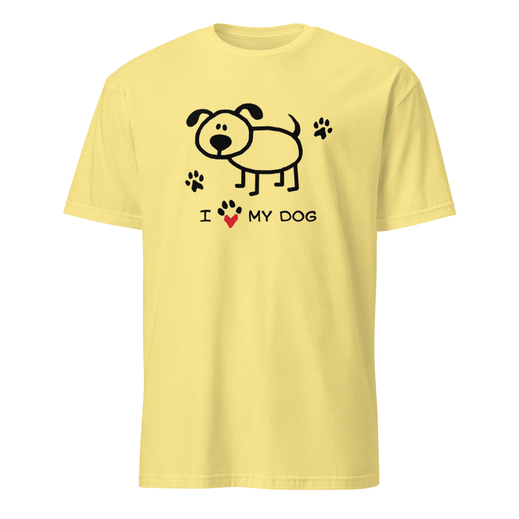 Yellow t-shirt with a dog graphic and 'I love my dog' text on a white background