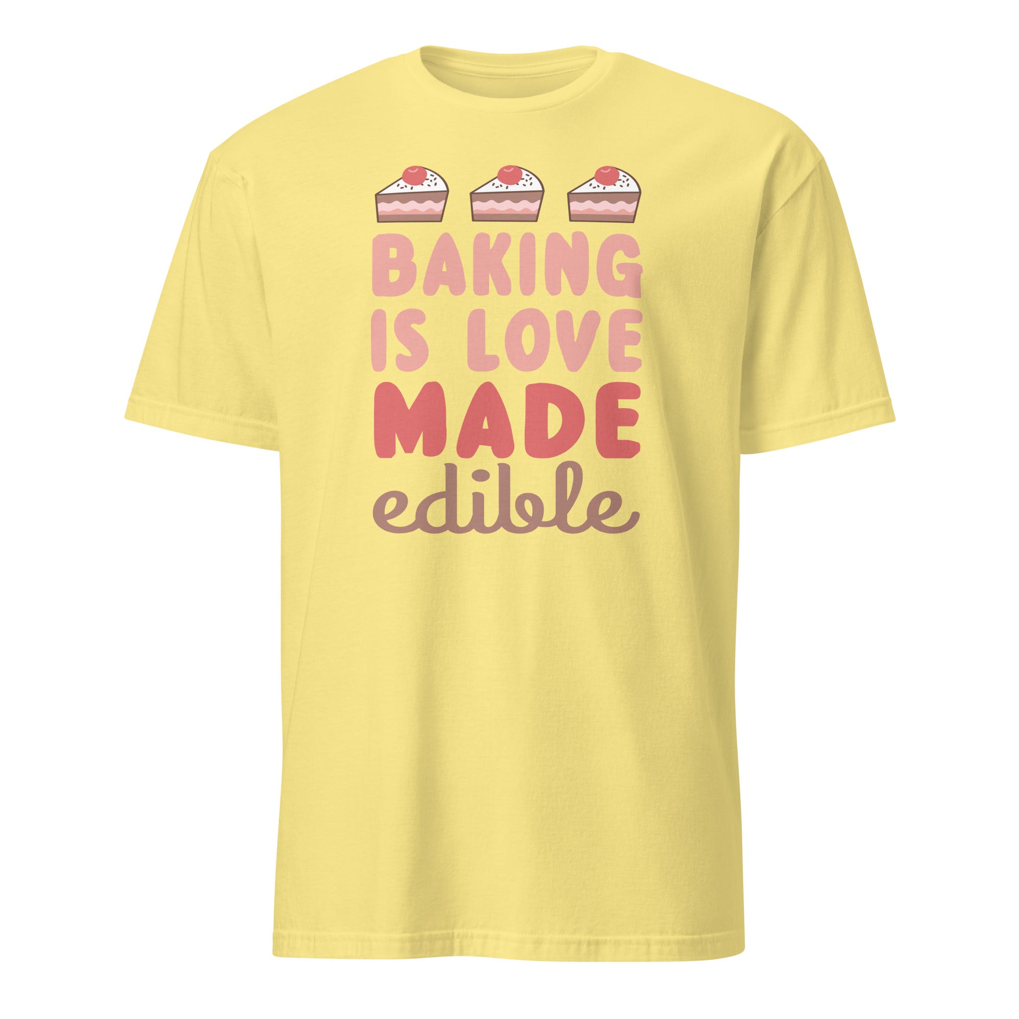 Yellow t-shirt with 'Baking is Love Made Edible' text and cake illustrations on a white background