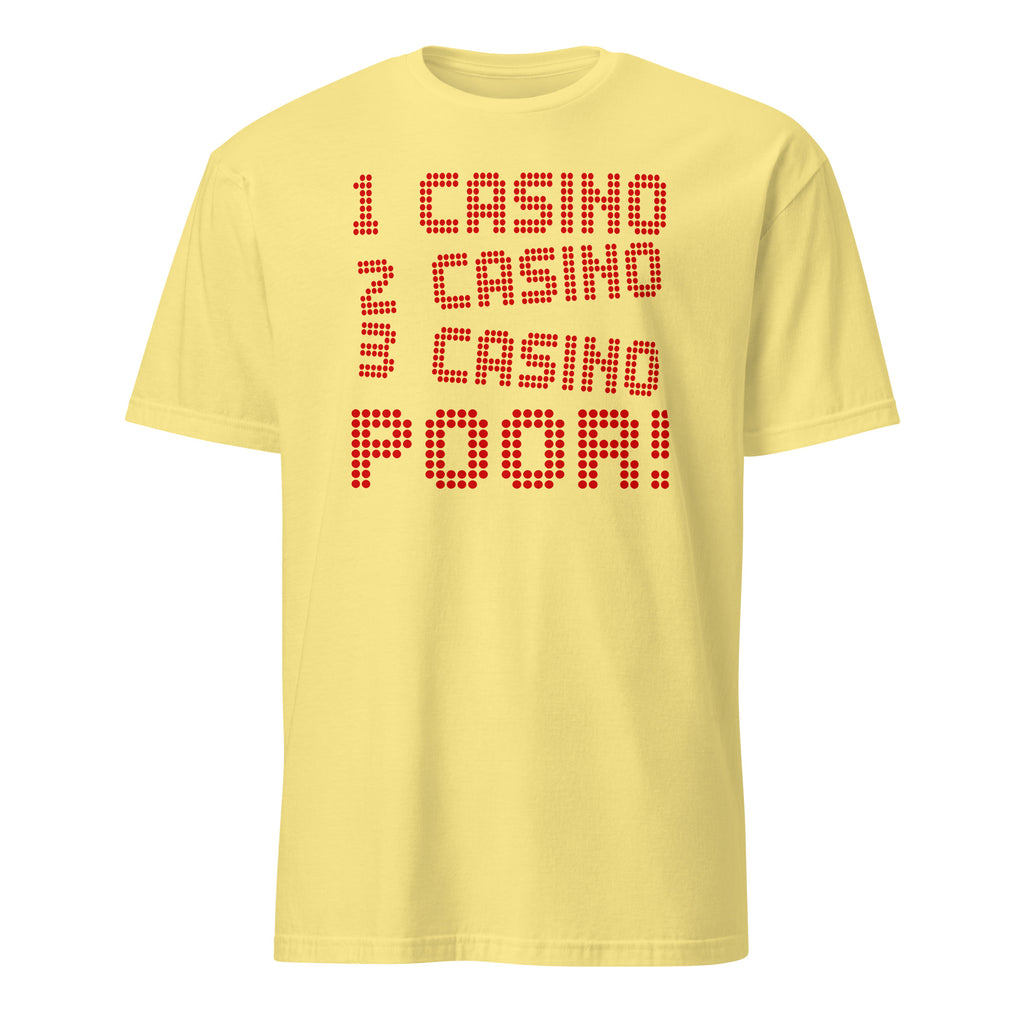 Yellow t-shirt with red text on a white background