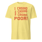 Yellow t-shirt with red text on a white background
