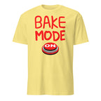 Yellow t-shirt with red 'BAKE MODE ON' text and graphic on a white background