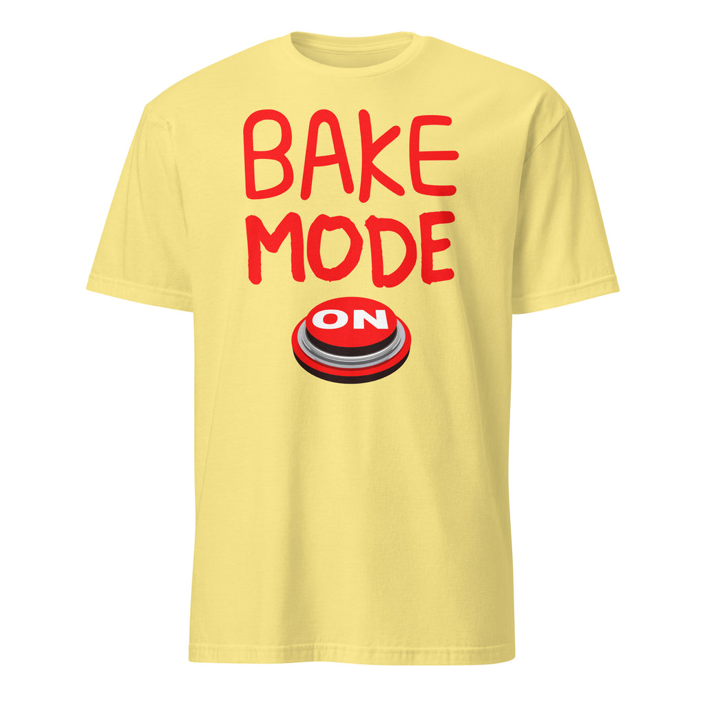 Yellow t-shirt with red 'BAKE MODE ON' text and graphic on a white background