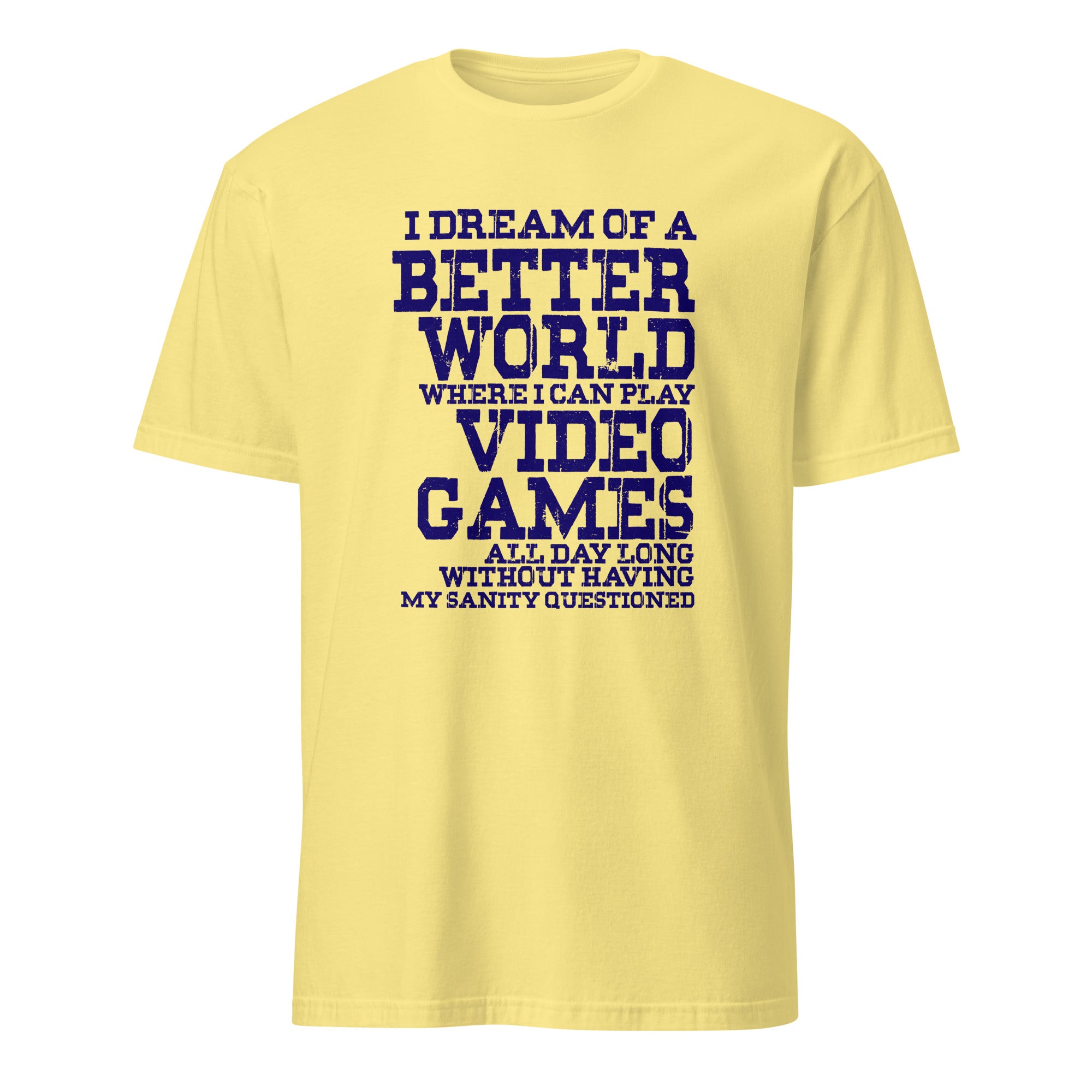 Yellow t-shirt with blue text on a white background