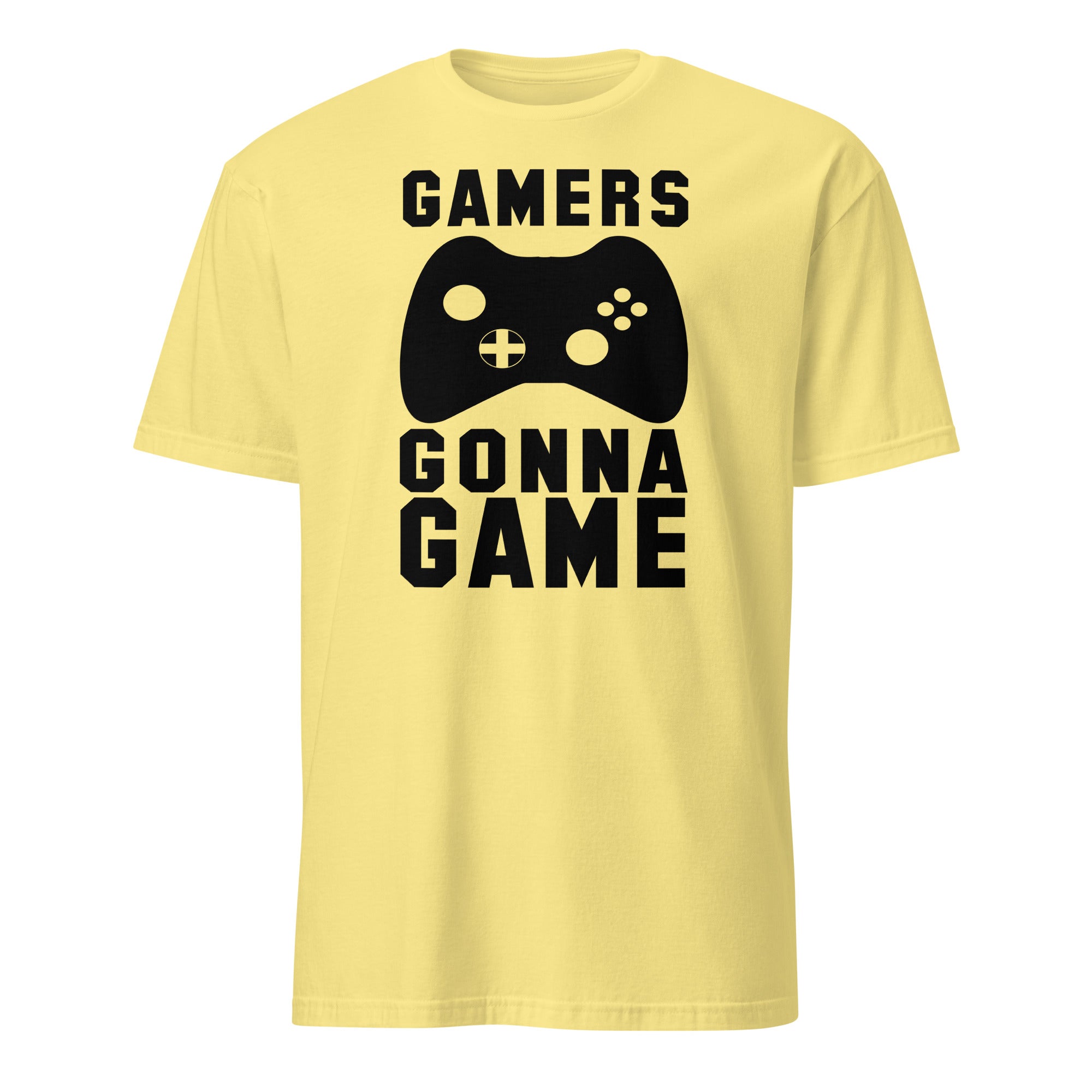 Yellow t-shirt with a black gaming controller graphic and text on a white background