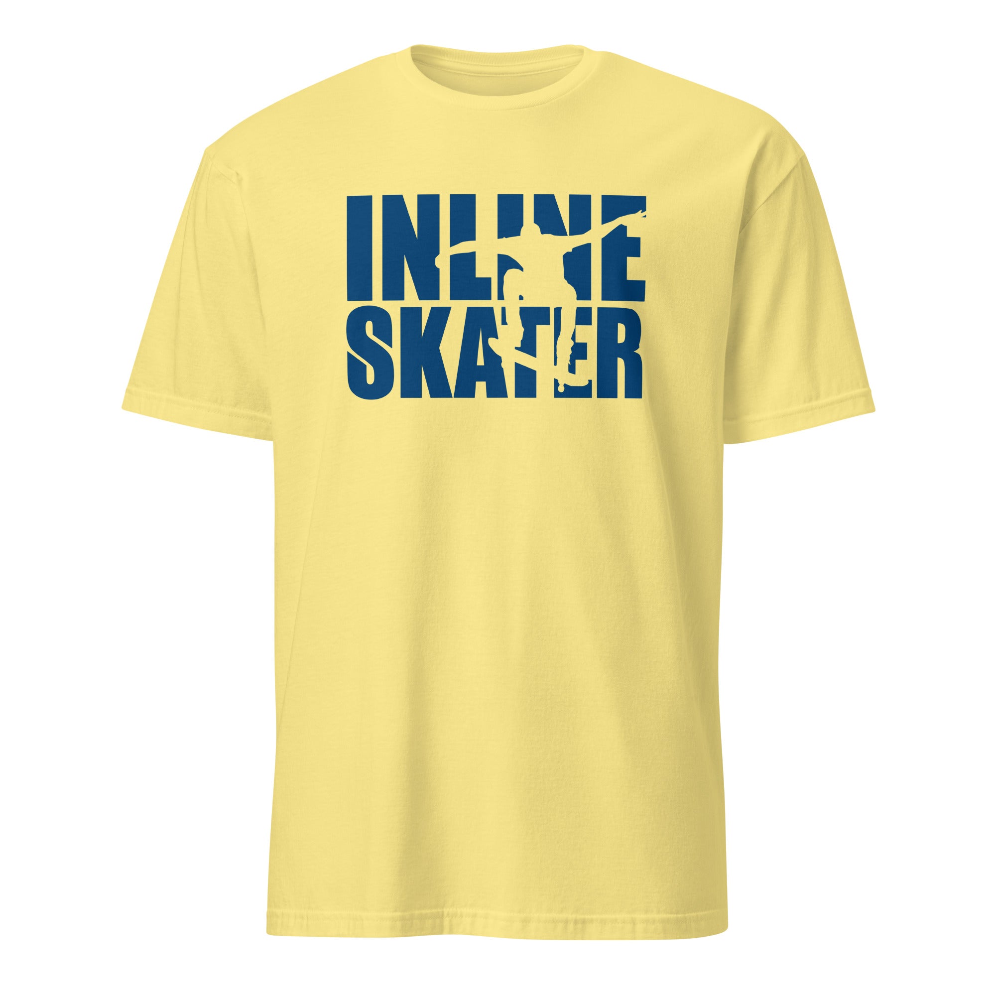 Yellow t-shirt with 'Inline Skater' text in blue on a white background