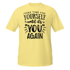 Yellow t-shirt with black text on a white background
