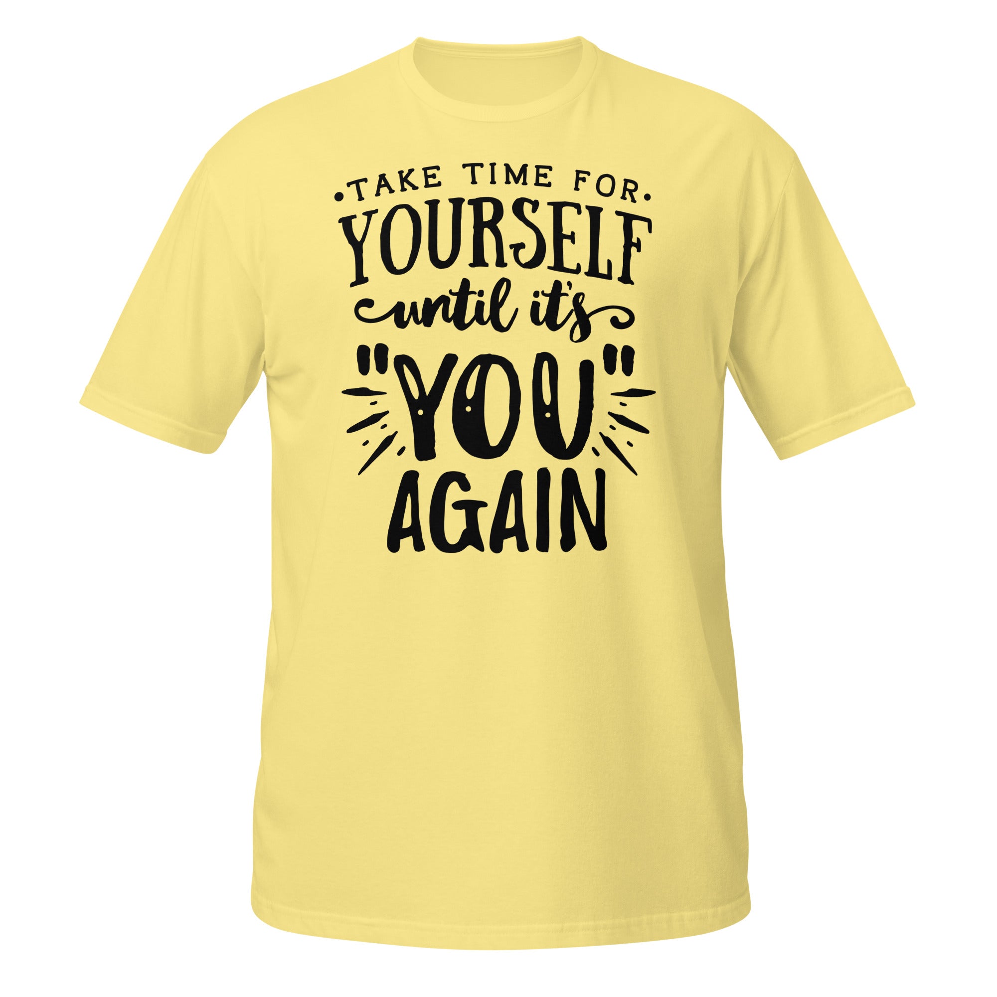 Yellow t-shirt with black text on a white background