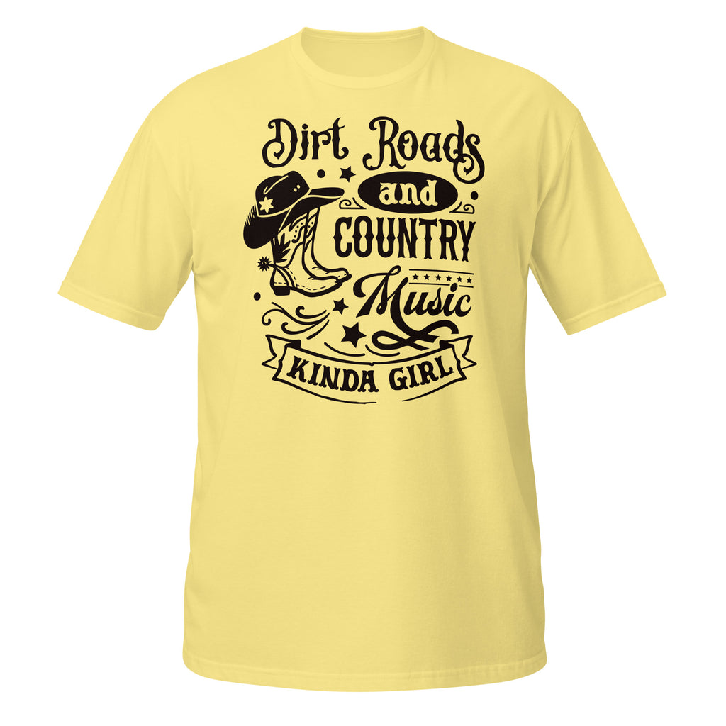Yellow t-shirt with black graphic and text on a white background