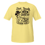 Yellow t-shirt with black graphic and text on a white background