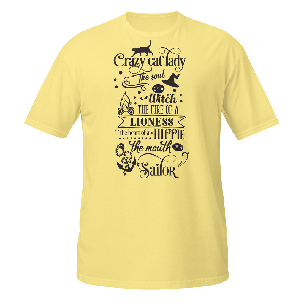 Yellow t-shirt with black text and graphics on a white background