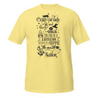 Yellow t-shirt with black text and graphics on a white background