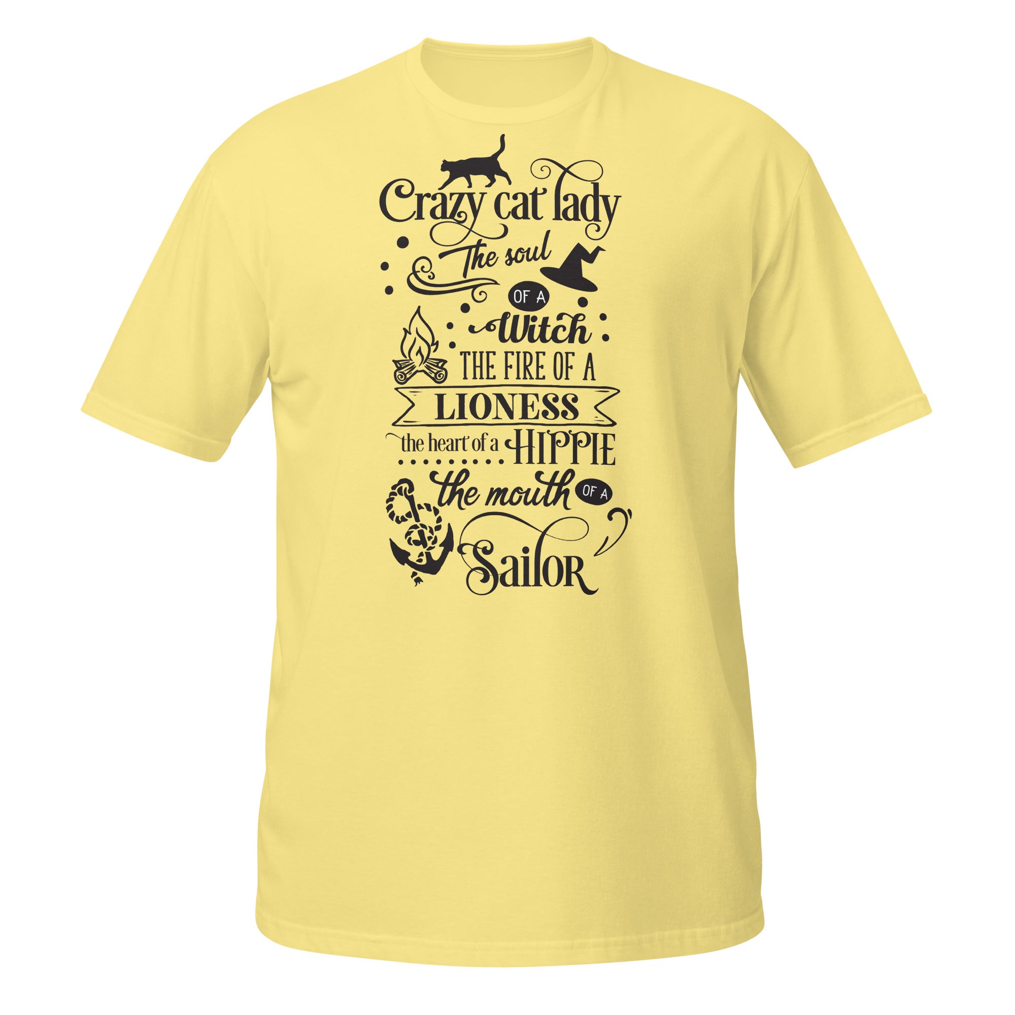 Yellow t-shirt with black text and graphics on a white background