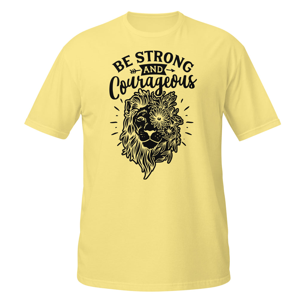 Yellow t-shirt with black lion graphic and 'Be Strong and Courageous' text on a white background
