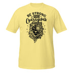 Yellow t-shirt with black lion graphic and 'Be Strong and Courageous' text on a white background