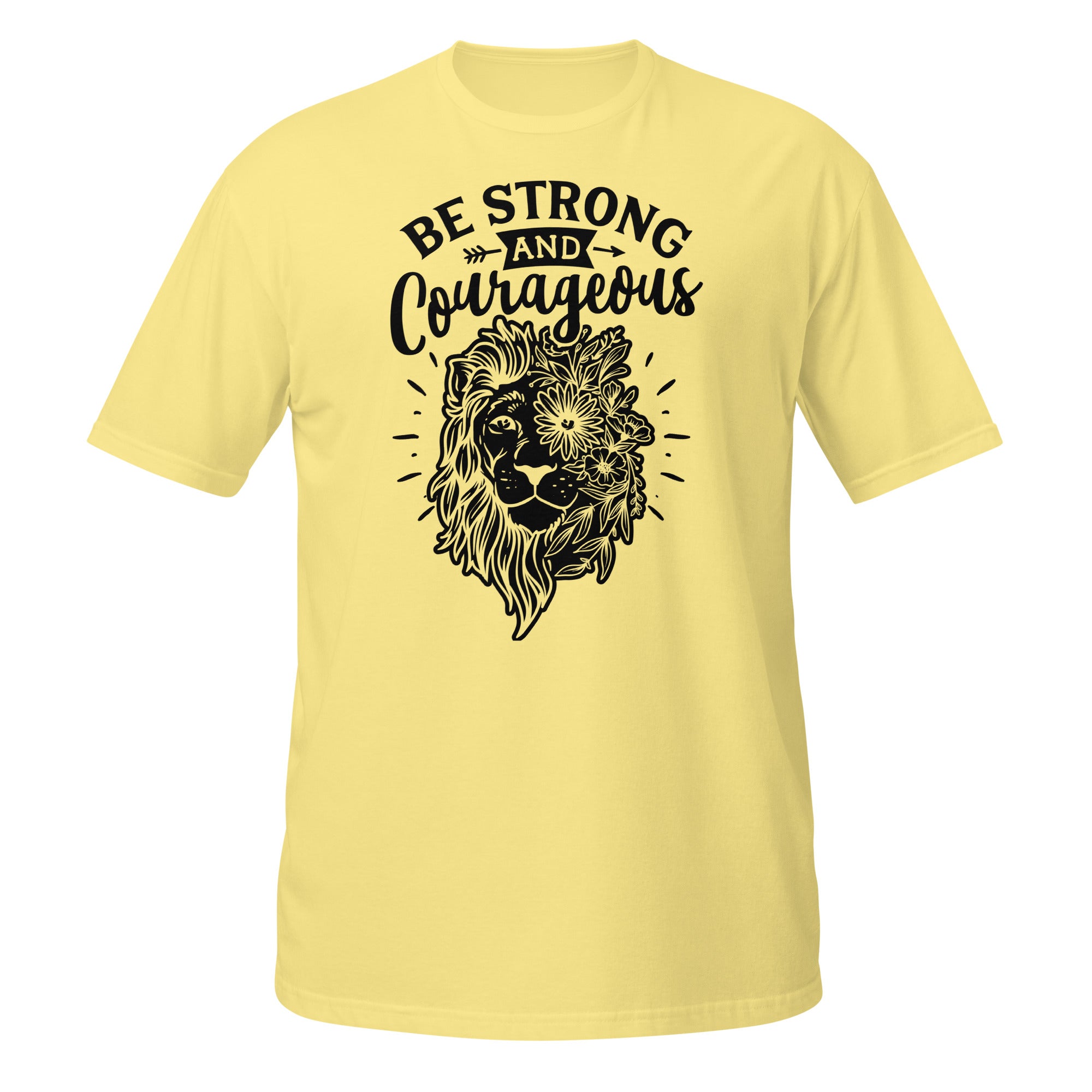 Yellow t-shirt with black lion graphic and 'Be Strong and Courageous' text on a white background