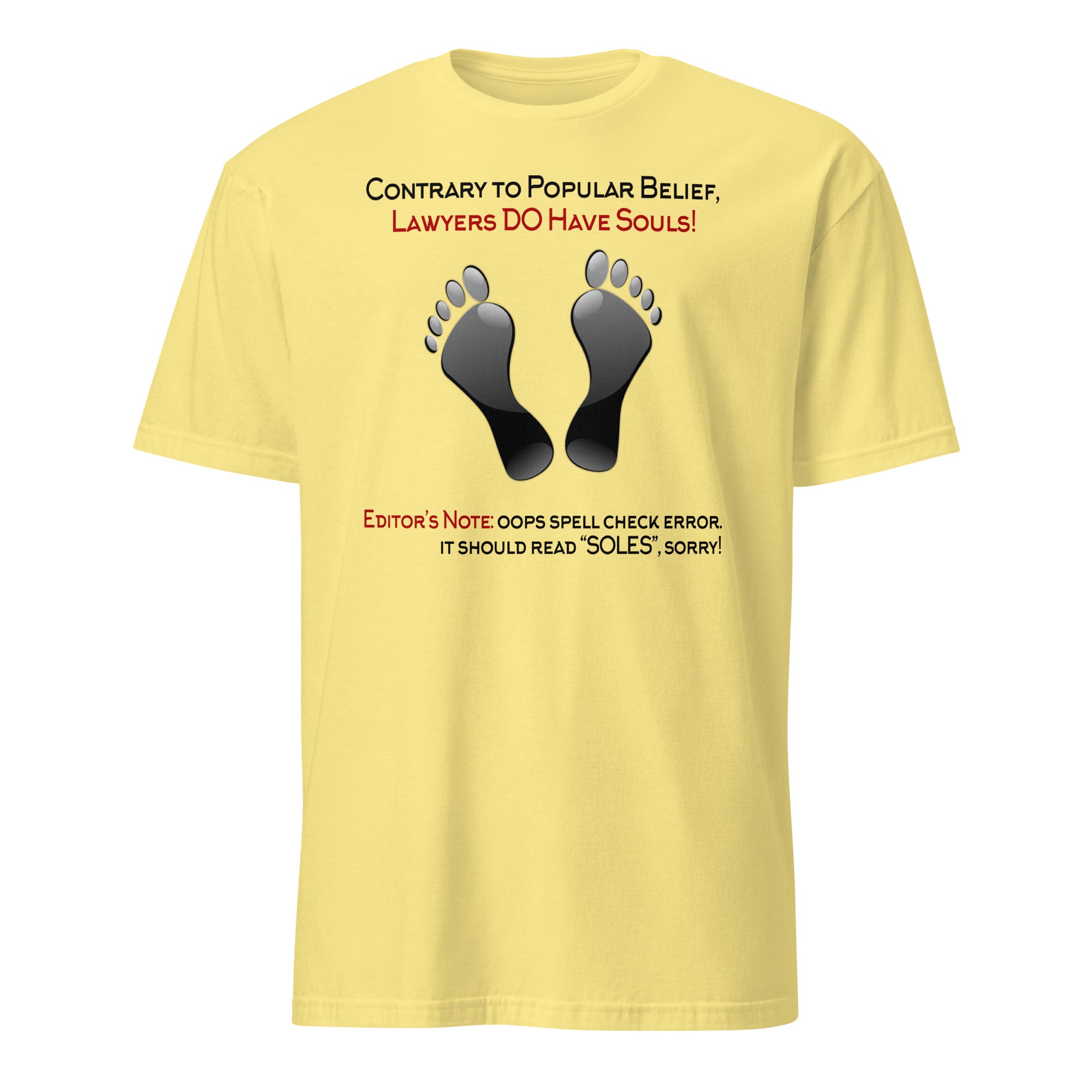 Yellow t-shirt with black footprints and humorous text on a white background