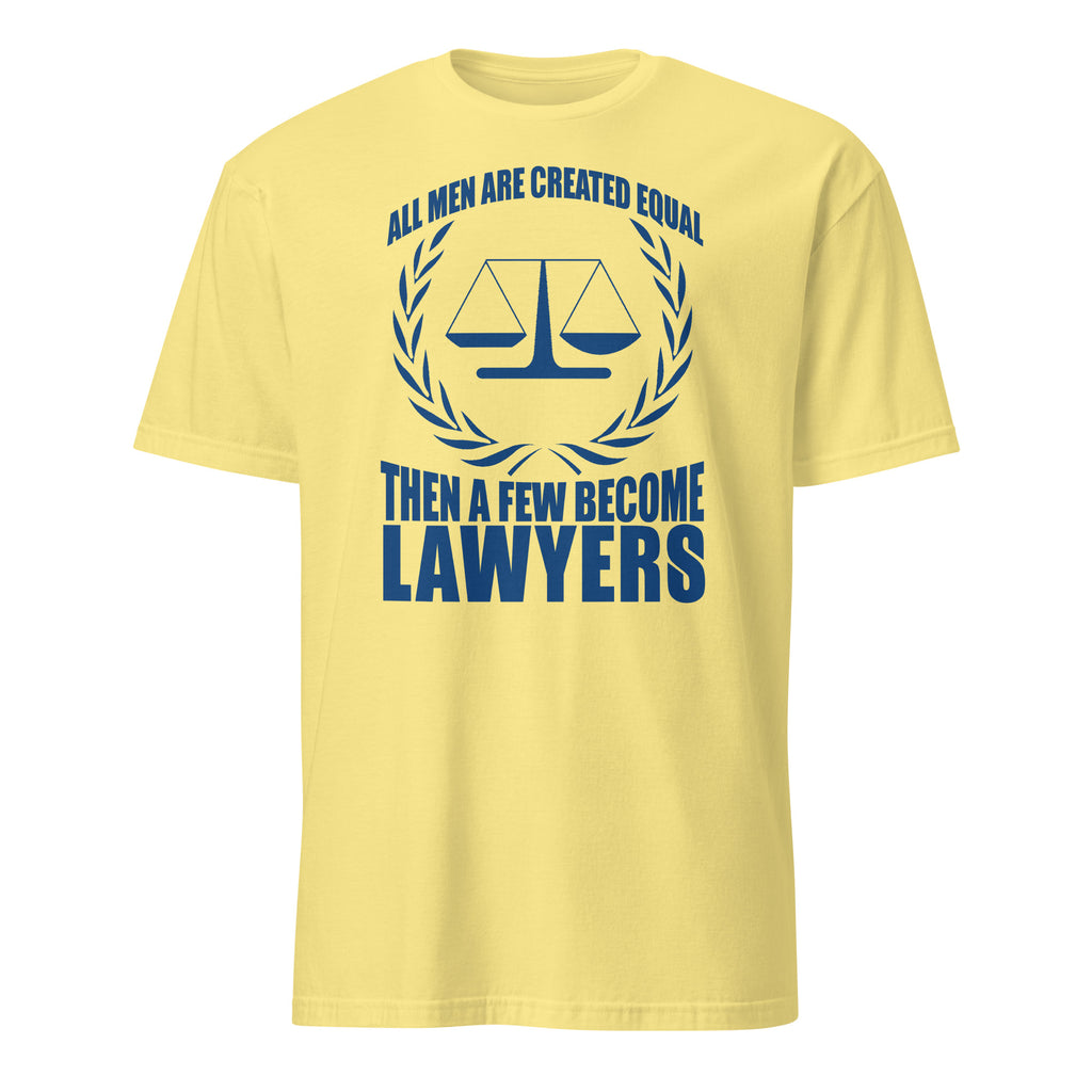 Yellow t-shirt with blue text and law-themed graphic on a white background