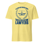 Yellow t-shirt with blue text and law-themed graphic on a white background
