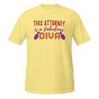Yellow t-shirt with text 'This Attorney is a fabulous DIVA' on a white background