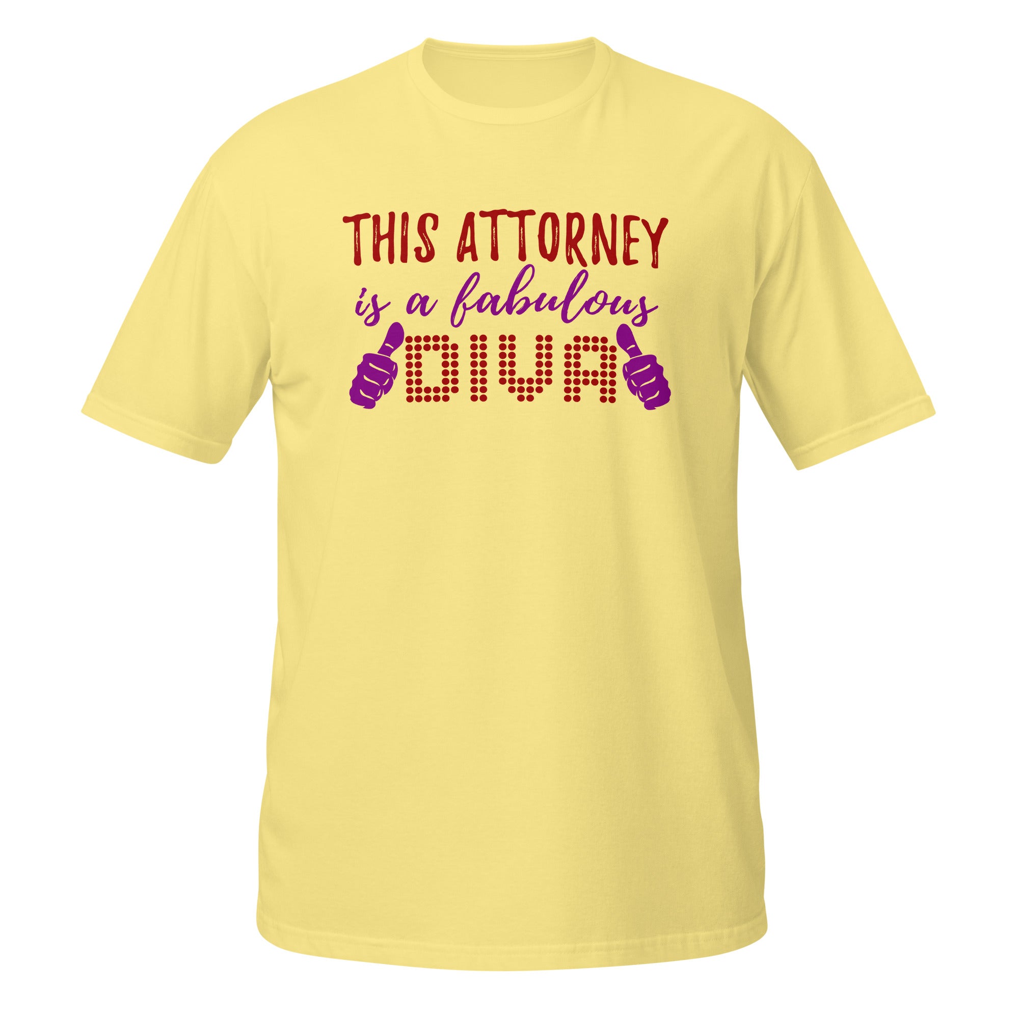 Yellow t-shirt with text 'This Attorney is a fabulous DIVA' on a white background