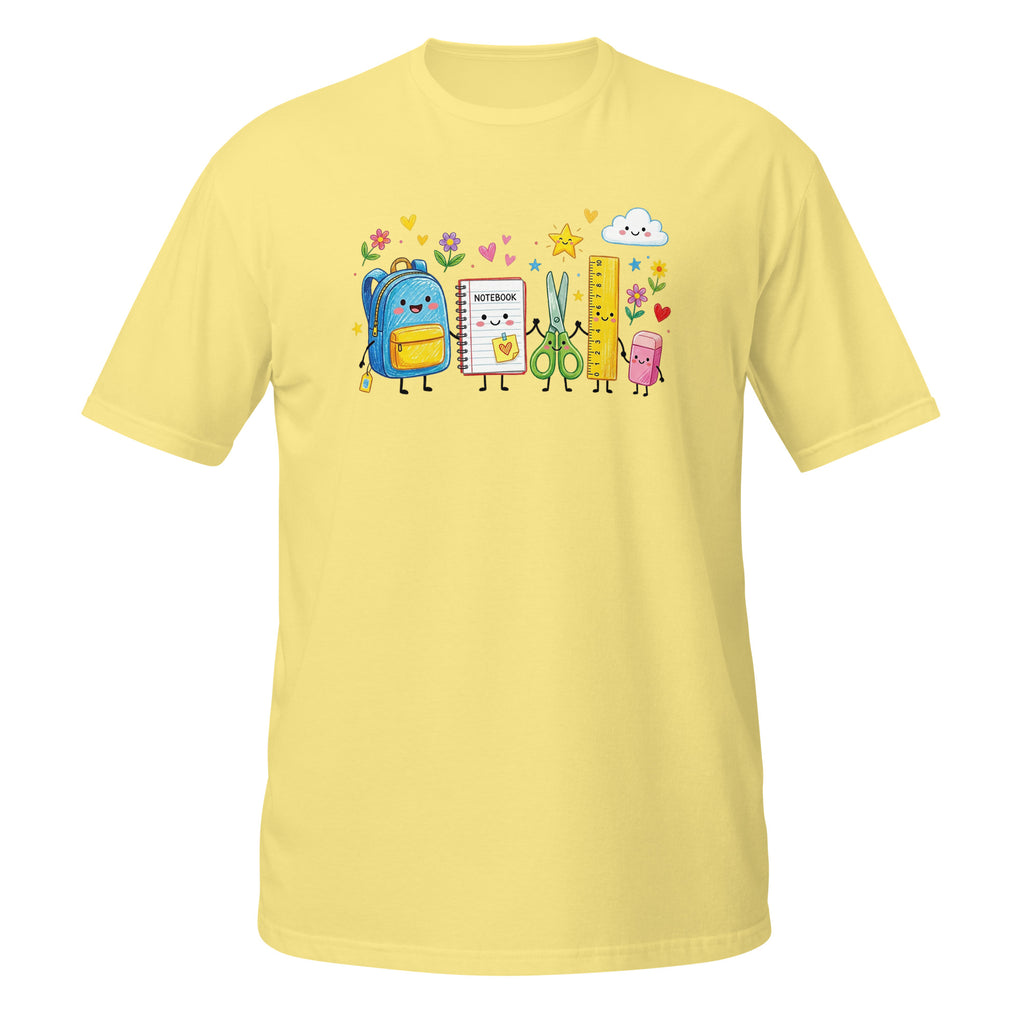 A light yellow short-sleeve crewneck t-shirt featuring a colorful cartoon graphic of school supplies (a blue backpack, notebook, scissors, ruler, and pencil) on the chest, displayed against a solid white background.