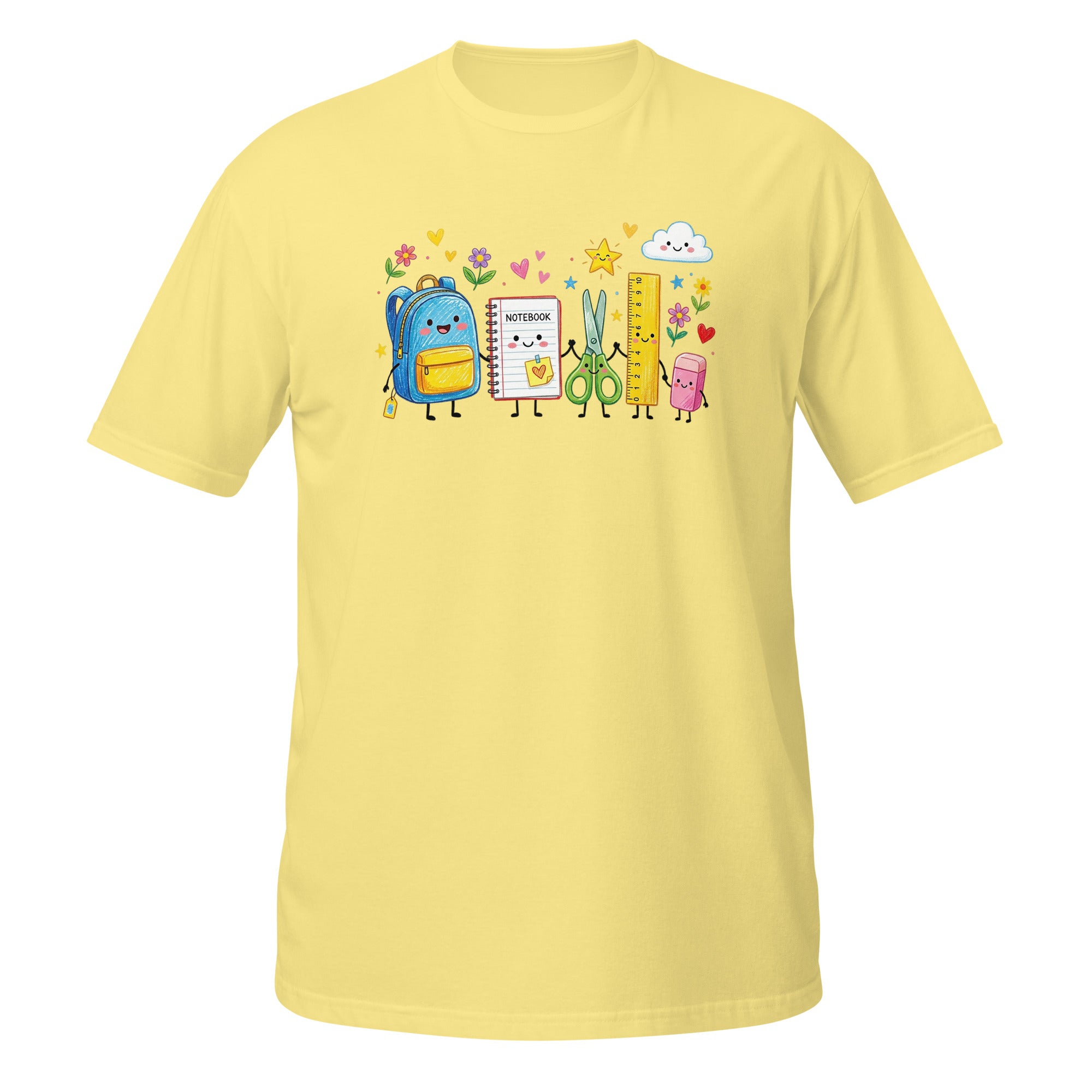 A light yellow short-sleeve crewneck t-shirt featuring a colorful cartoon graphic of school supplies (a blue backpack, notebook, scissors, ruler, and pencil) on the chest, displayed against a solid white background.