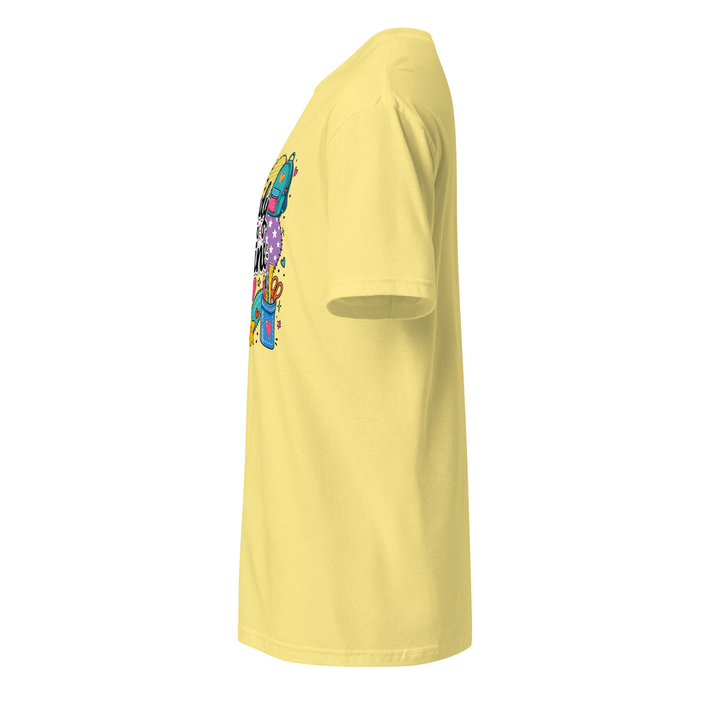 A pale yellow short-sleeve t-shirt shown from a side profile view, featuring a colorful graphic print on the front.