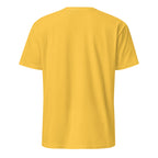 Back view of a plain yellow t-shirt on a white background