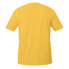 Back view of a yellow t-shirt on a white background