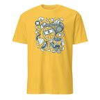 Yellow t-shirt with a cartoon character and popcorn design on a white background