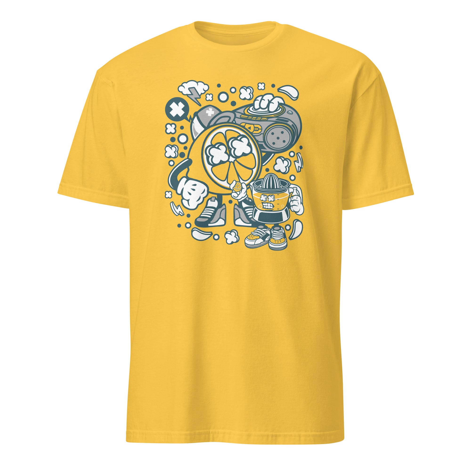 Yellow t-shirt with a cartoon character and popcorn design on a white background