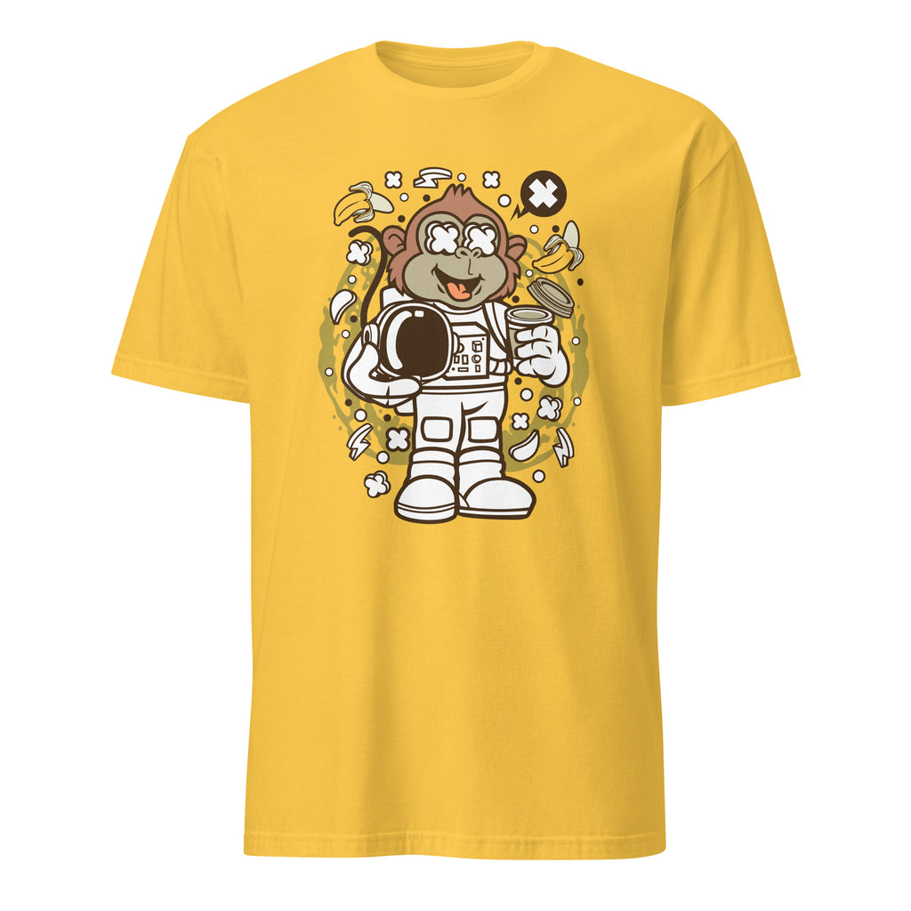 Yellow t-shirt with a monkey astronaut graphic on a white background