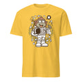 Yellow t-shirt with a monkey astronaut graphic on a white background