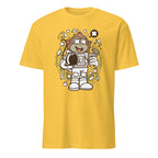 Yellow t-shirt with a monkey astronaut graphic on a white background