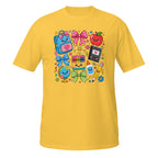 A yellow short-sleeve crewneck t-shirt featuring a colorful cartoon graphic of school supplies and fruits on the chest, displayed against a solid white background.