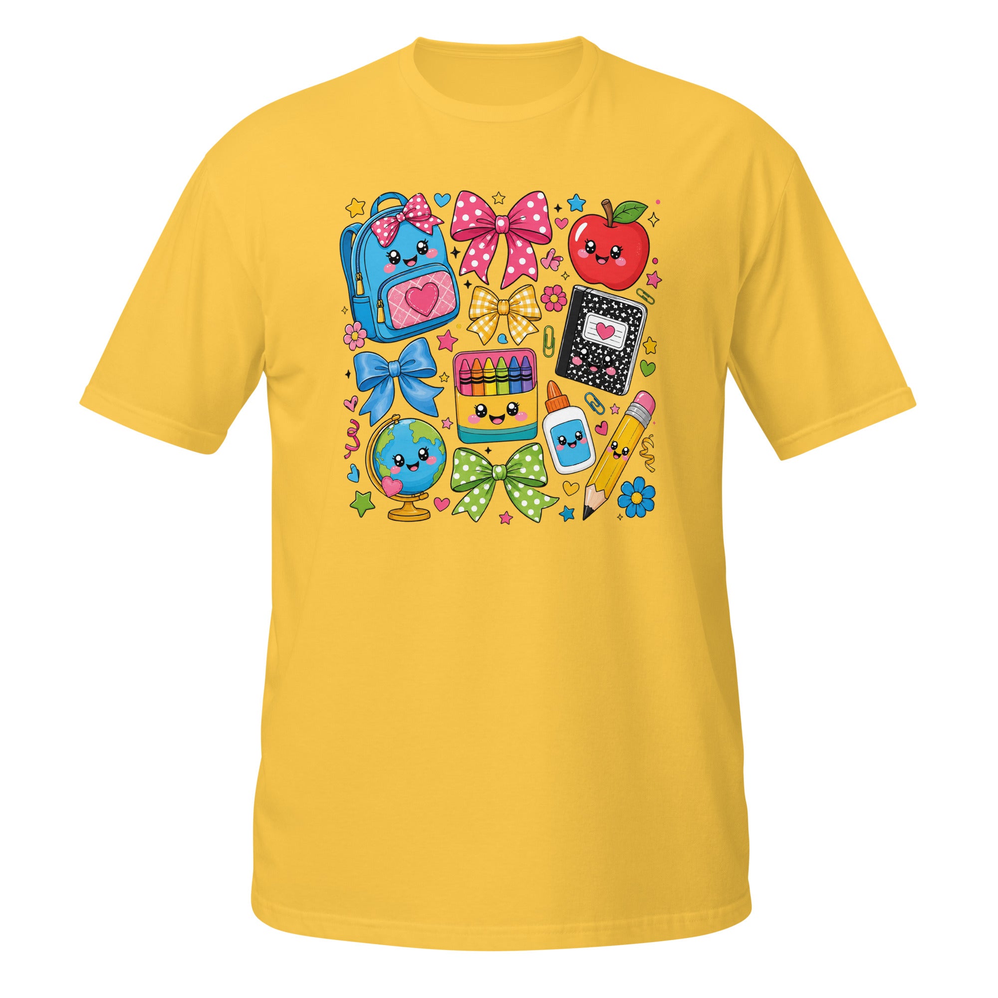 A yellow short-sleeve crewneck t-shirt featuring a colorful cartoon graphic of school supplies and fruits on the chest, displayed against a solid white background.