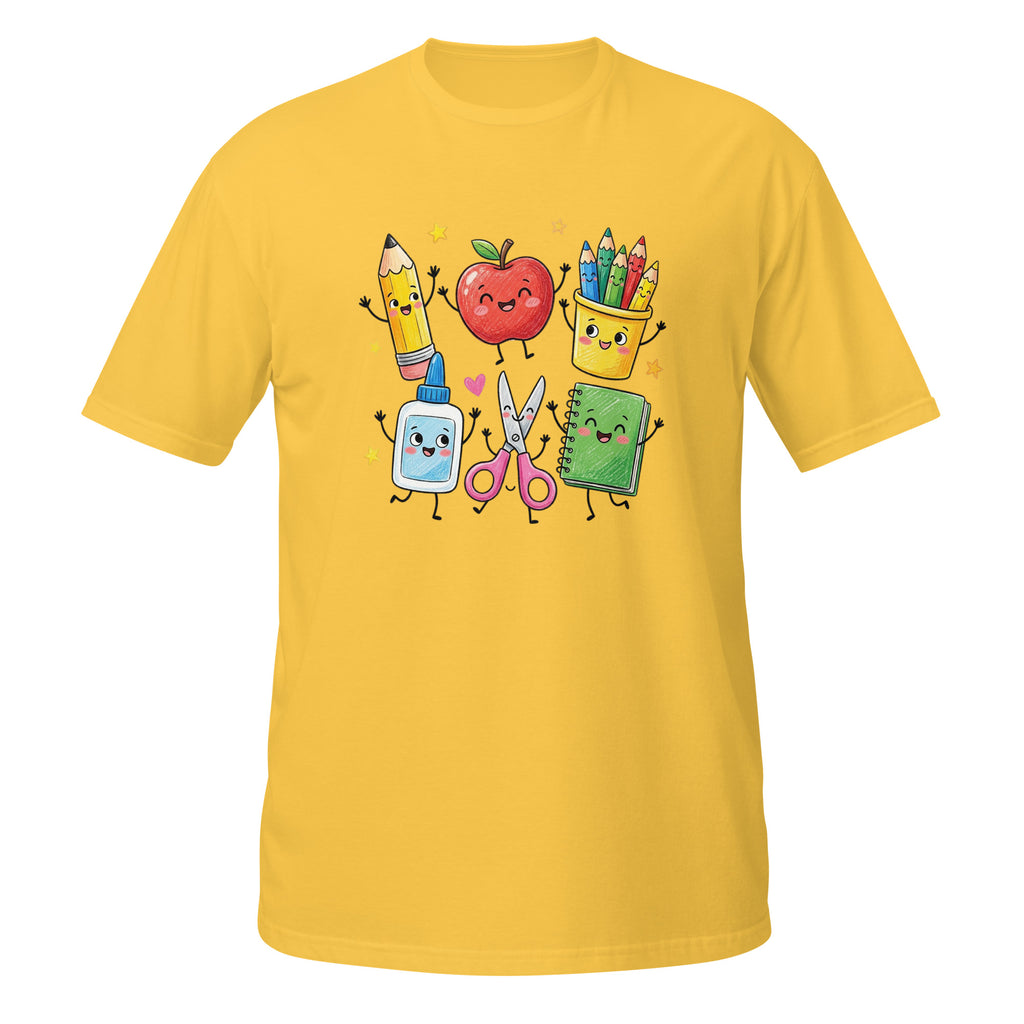A yellow short-sleeve crewneck t-shirt featuring a colorful graphic of cute, cartoon-style school supplies with faces, including a pencil, apple, crayons, glue stick, scissors, and notebook.