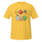 A yellow short-sleeve crewneck t-shirt featuring a colorful graphic of cute, cartoon-style school supplies with faces, including a pencil, apple, crayons, glue stick, scissors, and notebook.