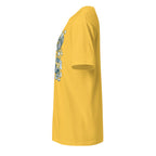 Yellow t-shirt with a graphic design on a white background