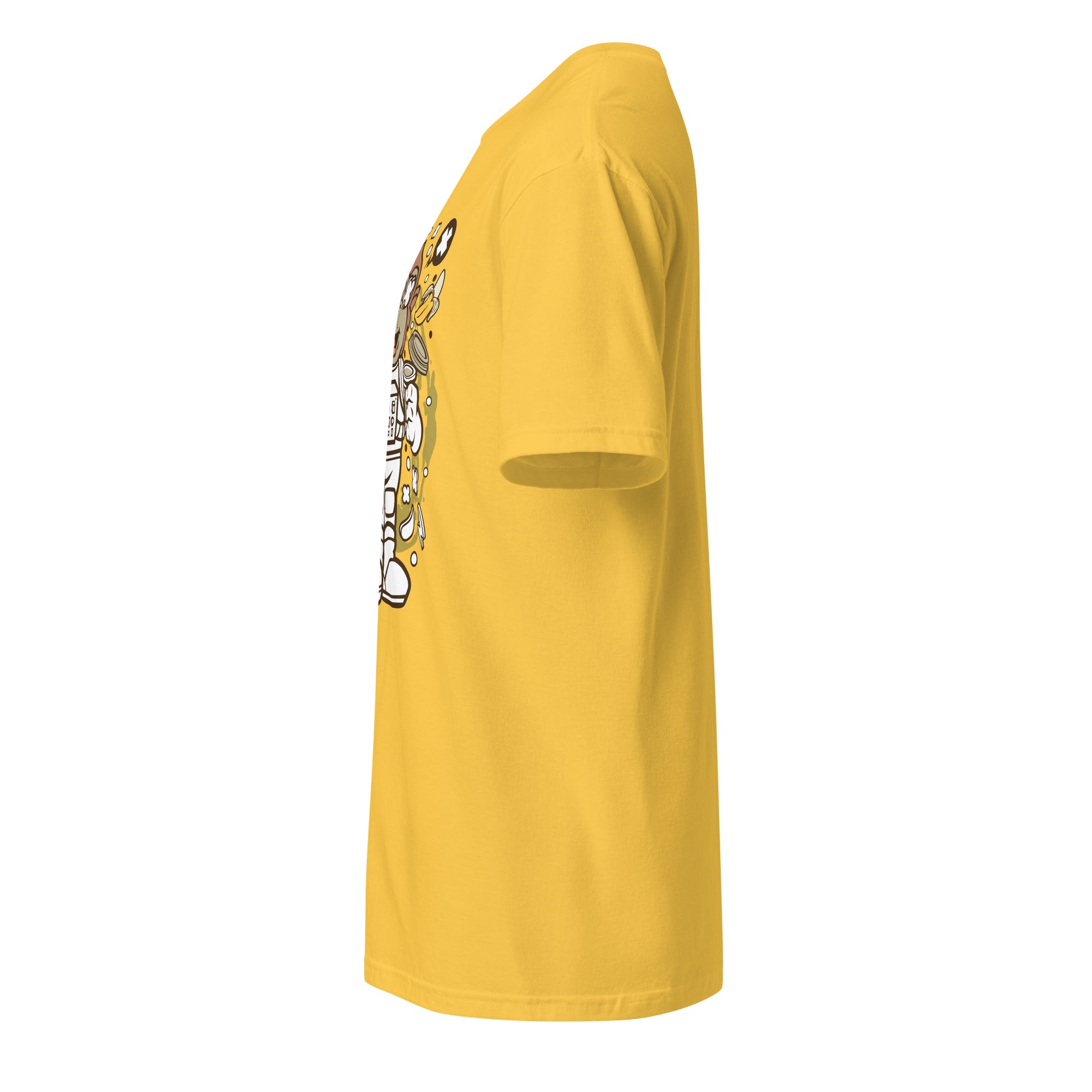 Left view of a plain yellow t-shirt on a white background