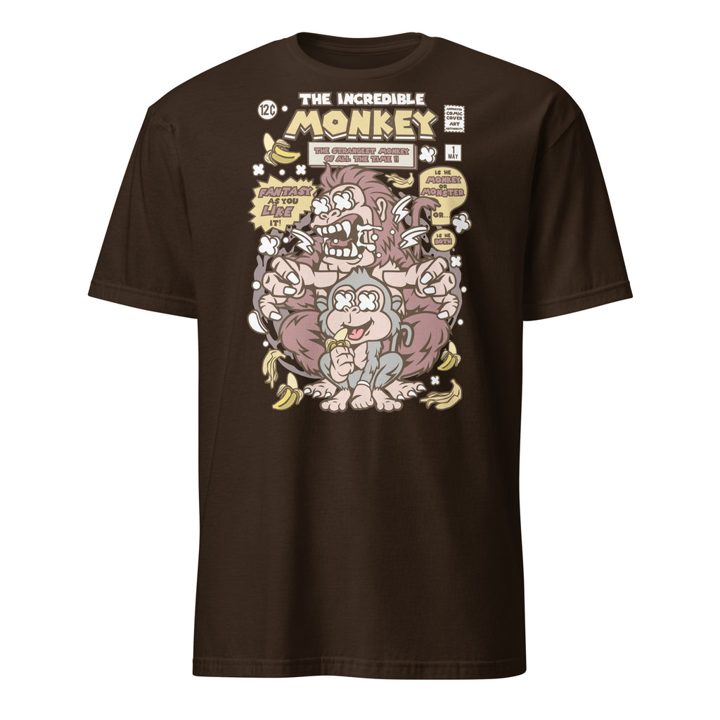 Brown t-shirt with a cartoon monkey design on a white background
