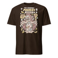 Brown t-shirt with a cartoon monkey design on a white background
