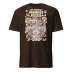 Brown t-shirt with a cartoon monkey design on a white background