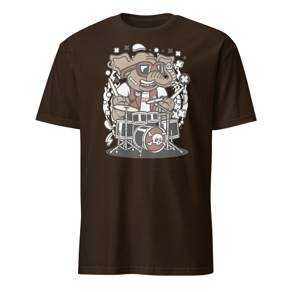 Brown t-shirt with a graphic of a elephant playing drums on a white background