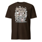 Brown t-shirt with a graphic of a elephant playing drums on a white background