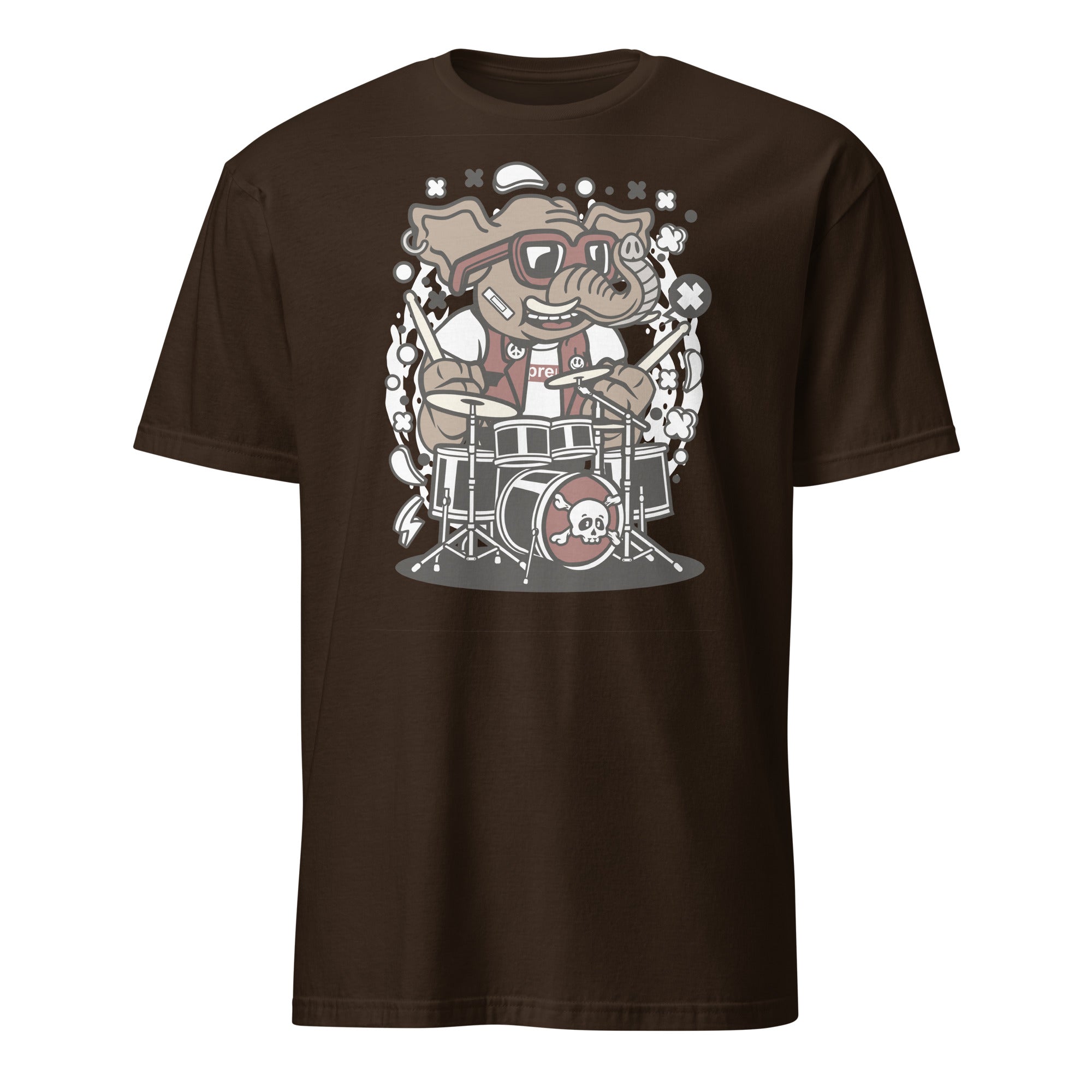 Brown t-shirt with a graphic of a elephant playing drums on a white background
