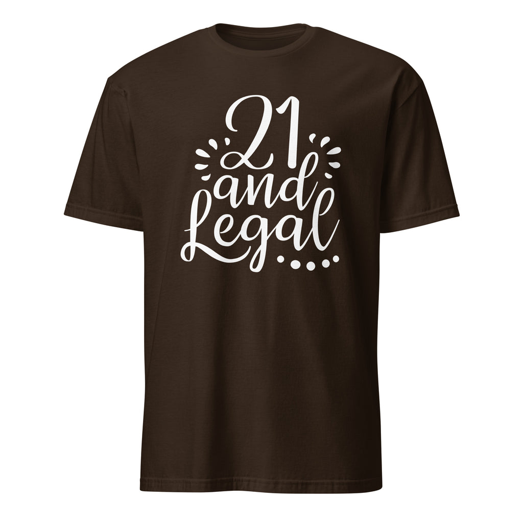 Brown t-shirt with '21 and Legal' text on a white background
