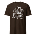 Brown t-shirt with '21 and Legal' text on a white background