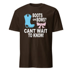 Brown t-shirt with Boots or Bows Can't Wait to Know baby gender reveal graphic t-shirt displayed flat on a white background, featuring bold boots and bows design for pregnancy announcement